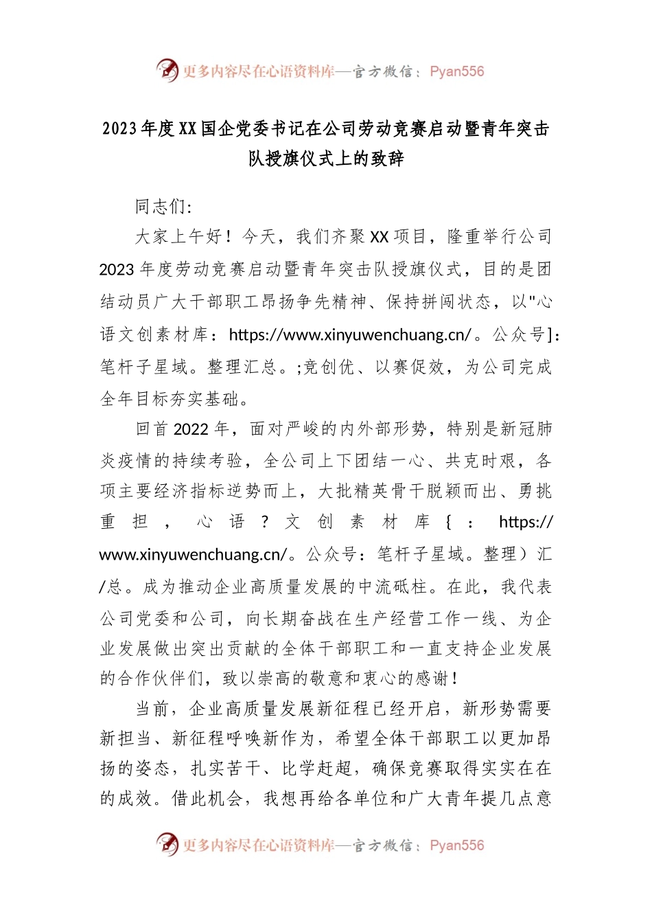 2023年度国企党委书记在公司劳动竞赛启动暨青年突击队授旗仪式上的致辞.docx_第1页