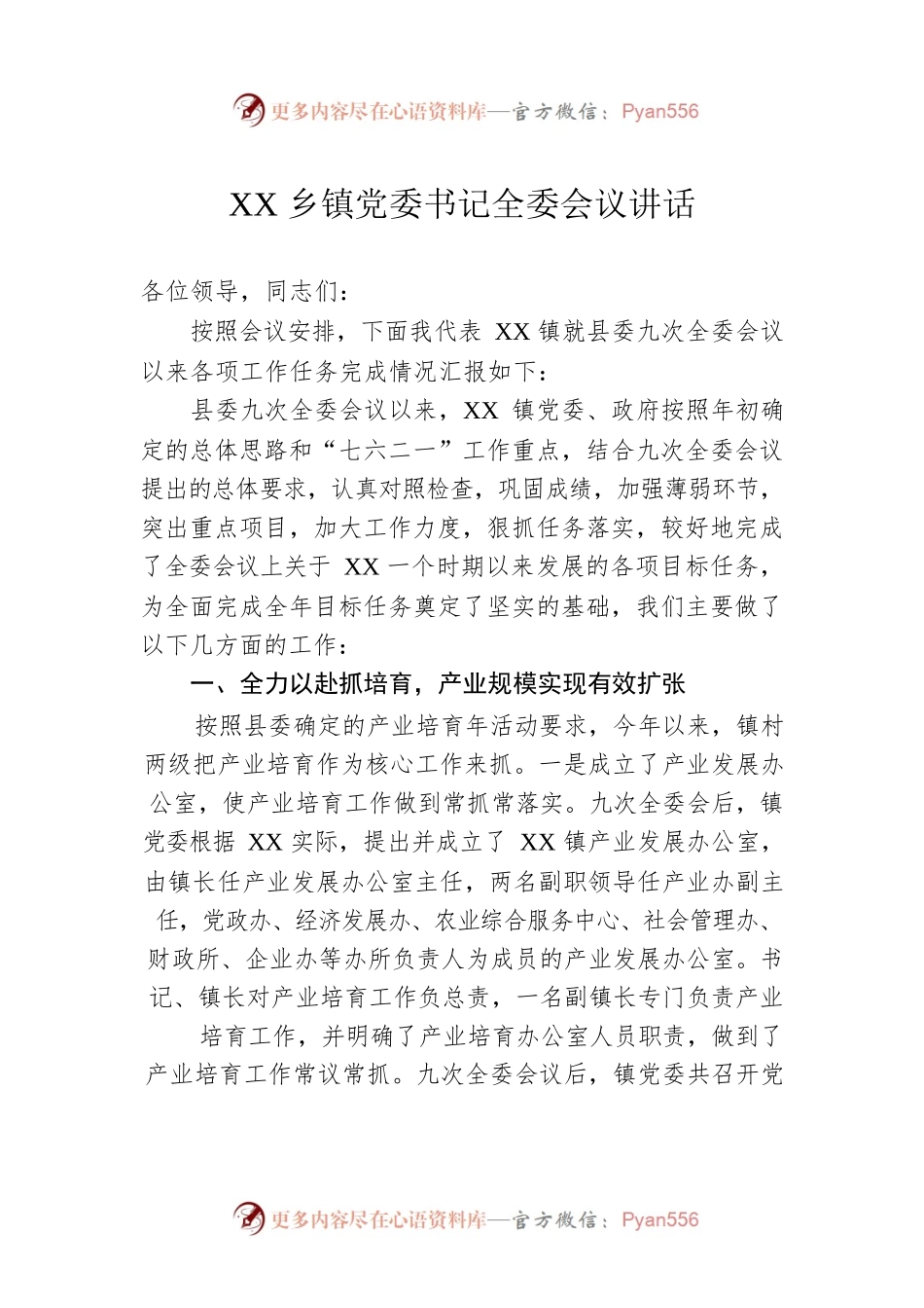 XX乡镇党委书记全委会议讲话.docx_第1页