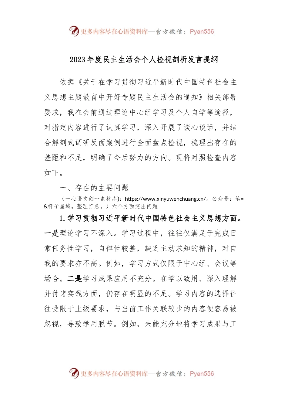 2023年度民主生活会个人检视剖析发言稿提纲.docx_第1页