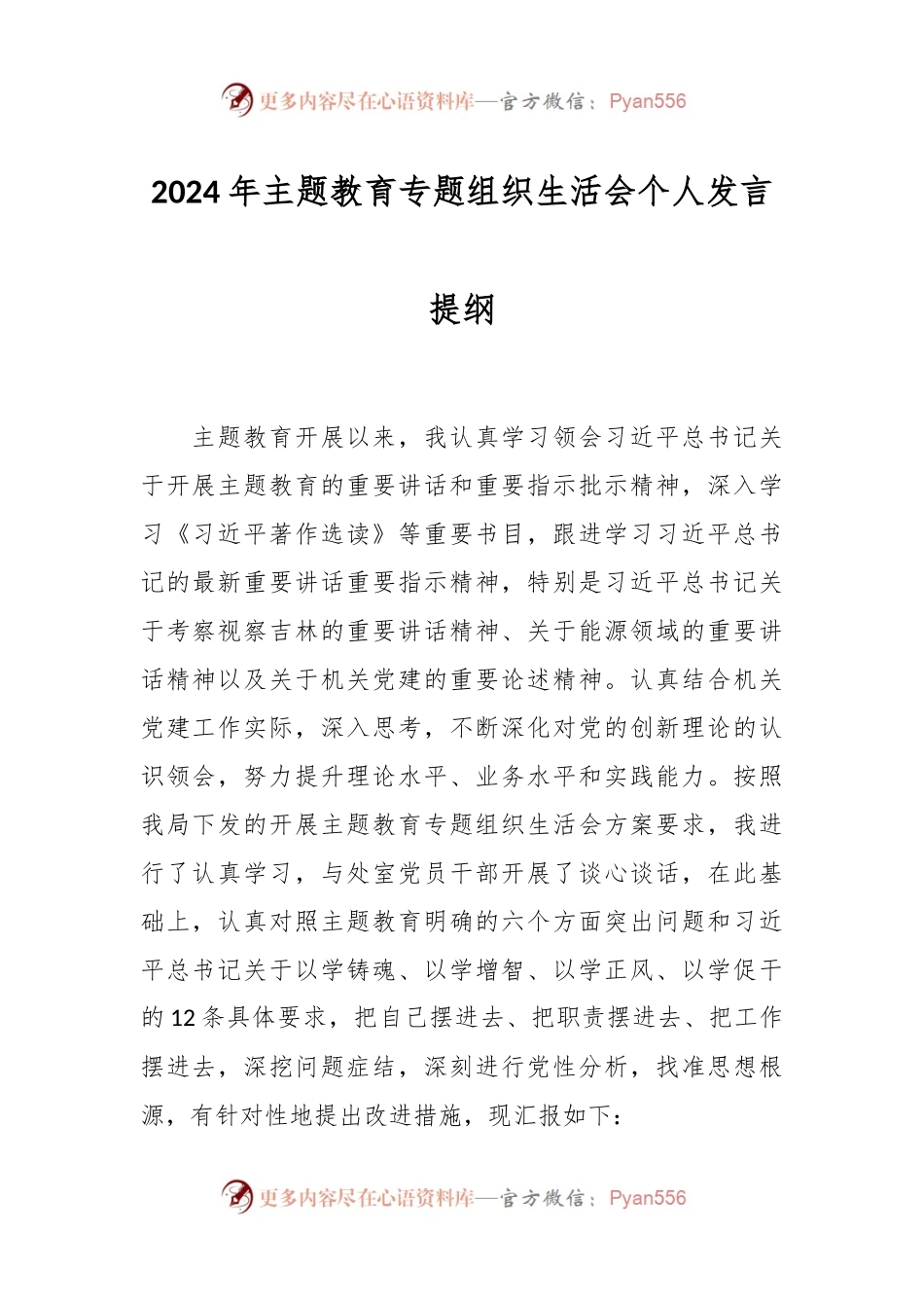 2024年主题教育专题组织生活会个人发言稿提纲.docx_第1页