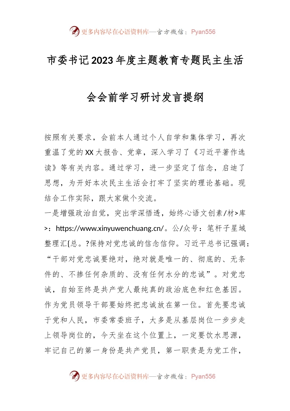 XX市委书记2023年度主题教育专题民主生活会会前学习研讨发言提纲.docx_第1页