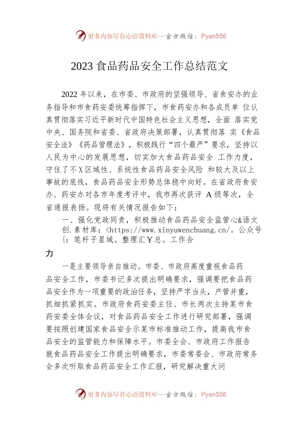 2023食品药品安全工作总结范文.docx_第1页