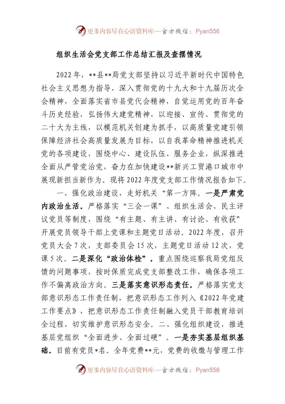 2023年组织生活会党支部工作总结汇报及查摆情况.docx_第1页