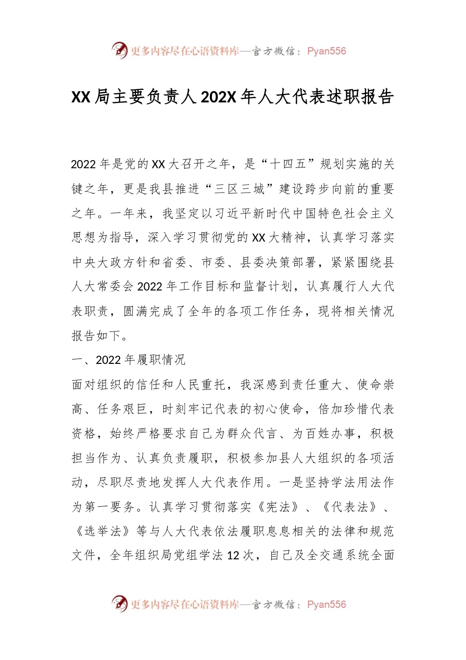 XX局主要负责人202X年人大代表述职报告.docx_第1页