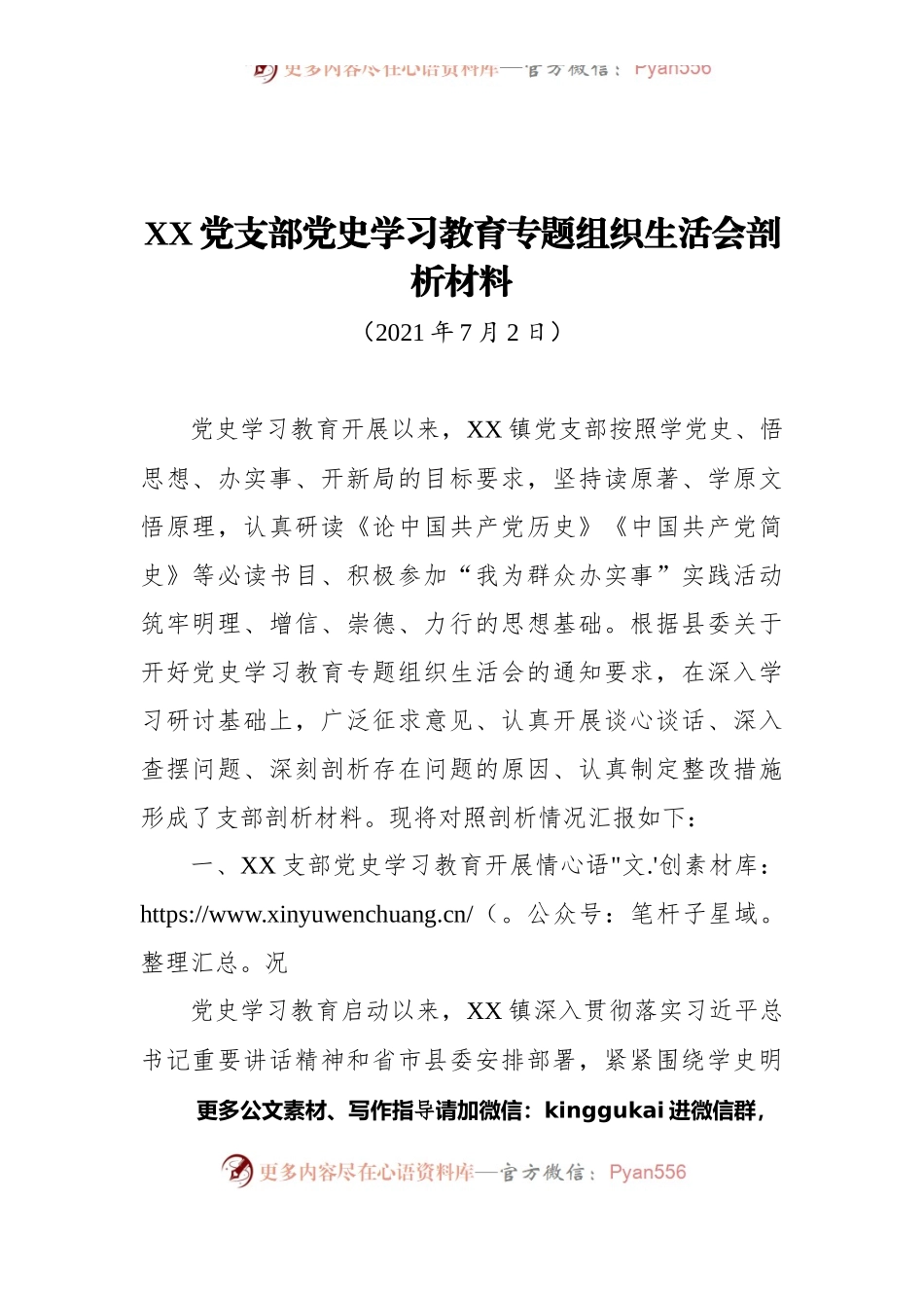 XX党支部党史学习教育专题组织生活会剖析材料.docx_第1页