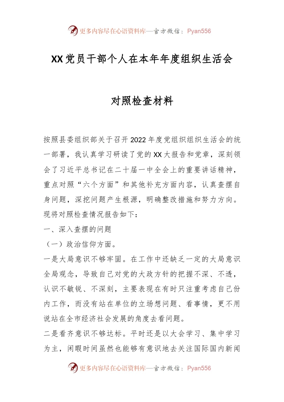 XX党员干部个人在本年年度组织生活会对照检查材料.docx_第1页