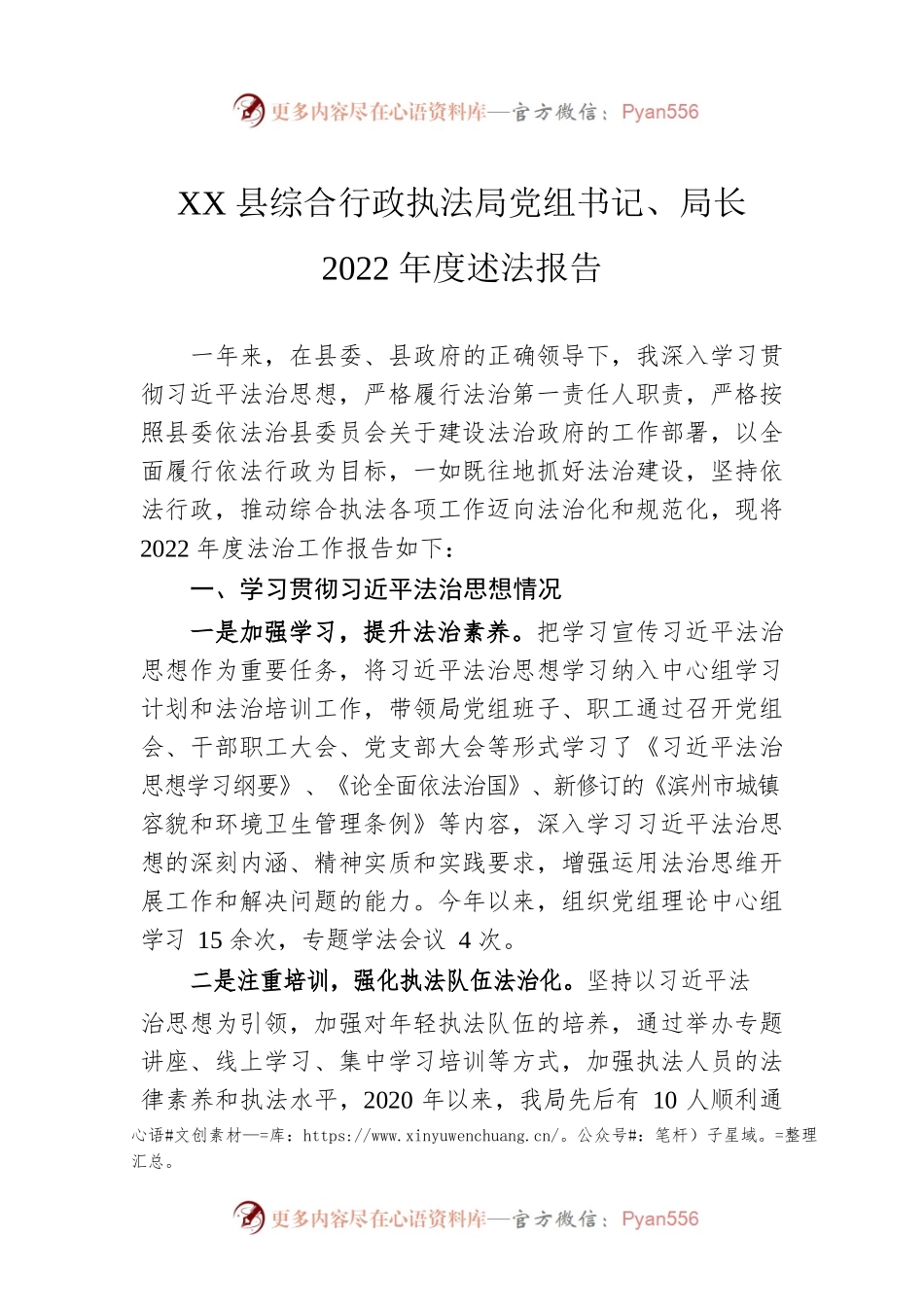 XX县综合行政执法局党组书记、局长2022年度述法报告（20221121）.docx_第1页