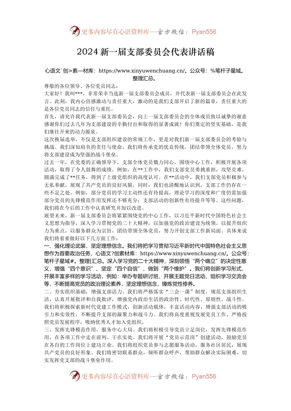 2024新一届支部委员会代表讲话稿.docx_第1页