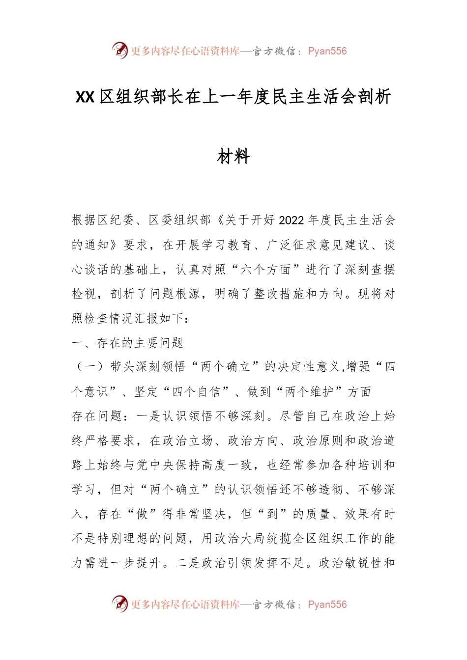 XX区组织部长在上一年度民主生活会剖析材料.docx_第1页