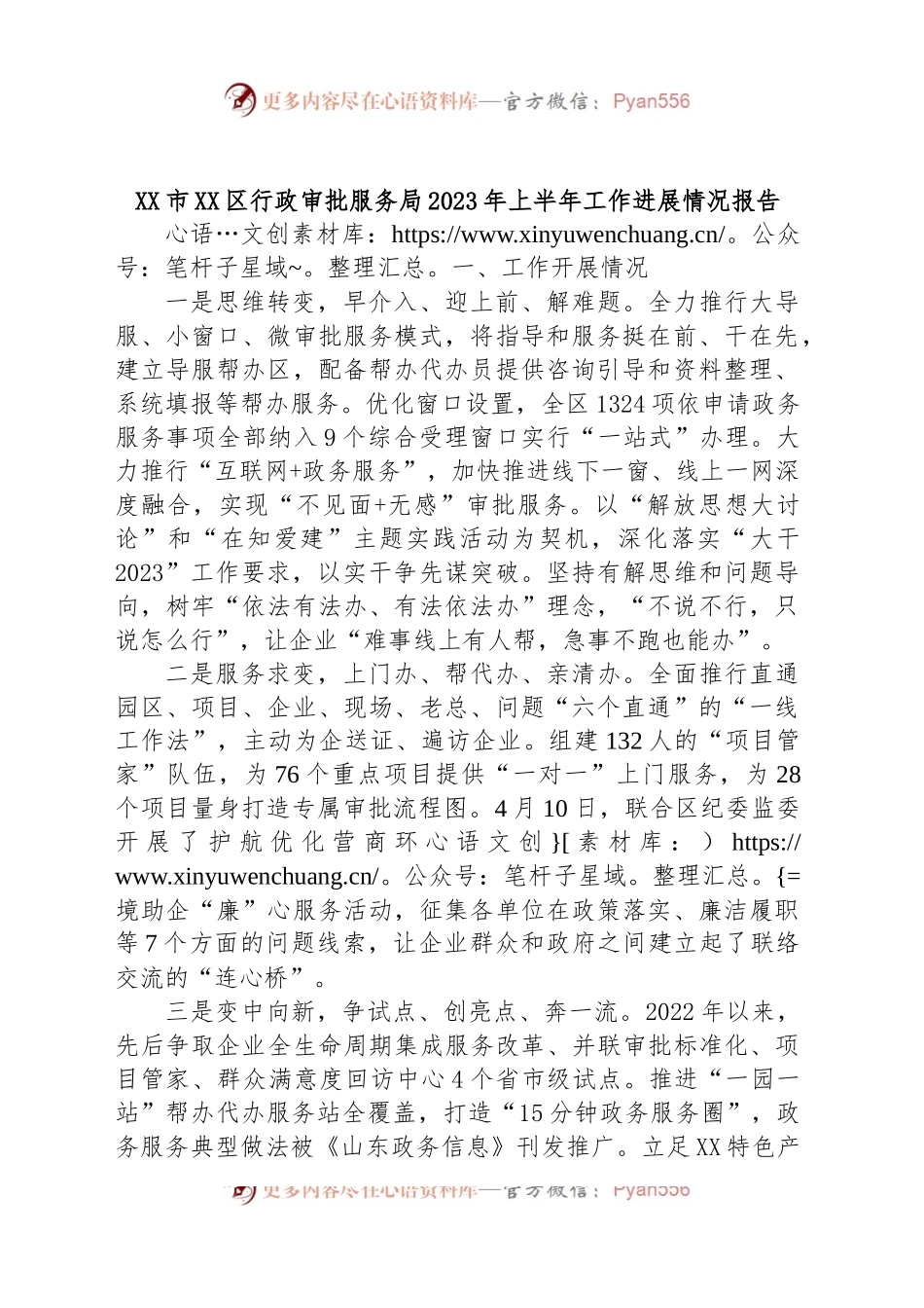 XX市XX区行政审批服务局2023年上半年工作进展情况报告.docx_第1页