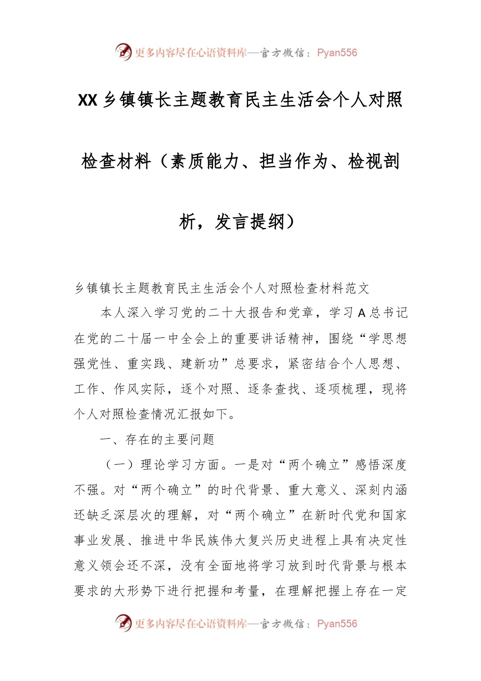 XX乡镇镇长主题教育民主生活会个人对照检查材料（素质能力、担当作为、检视剖析，发言提纲）.docx_第1页