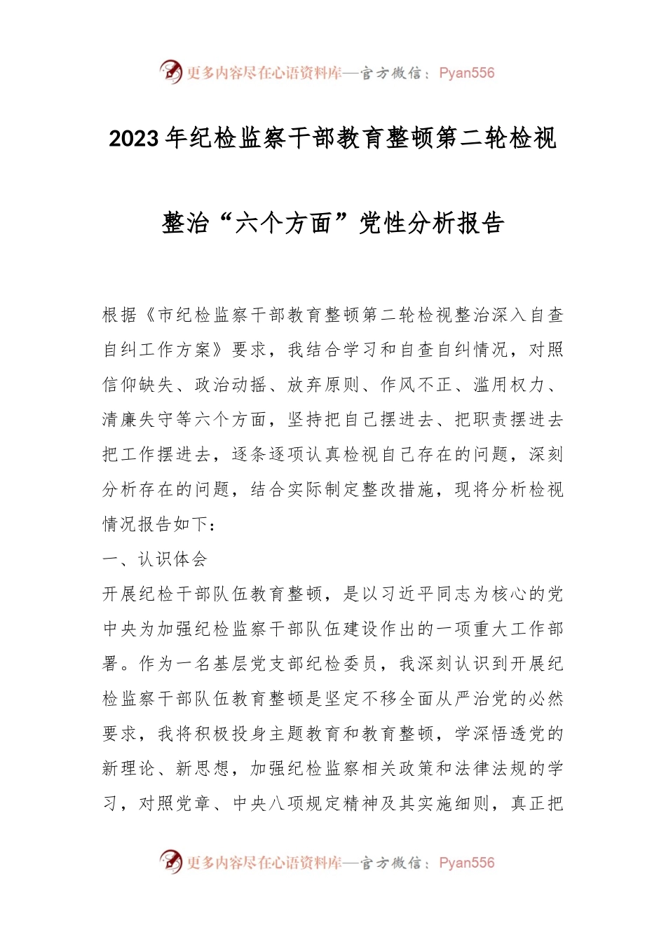 2023年纪检监察干部教育整顿第二轮检视整治“六个方面”党性分析报告.docx_第1页