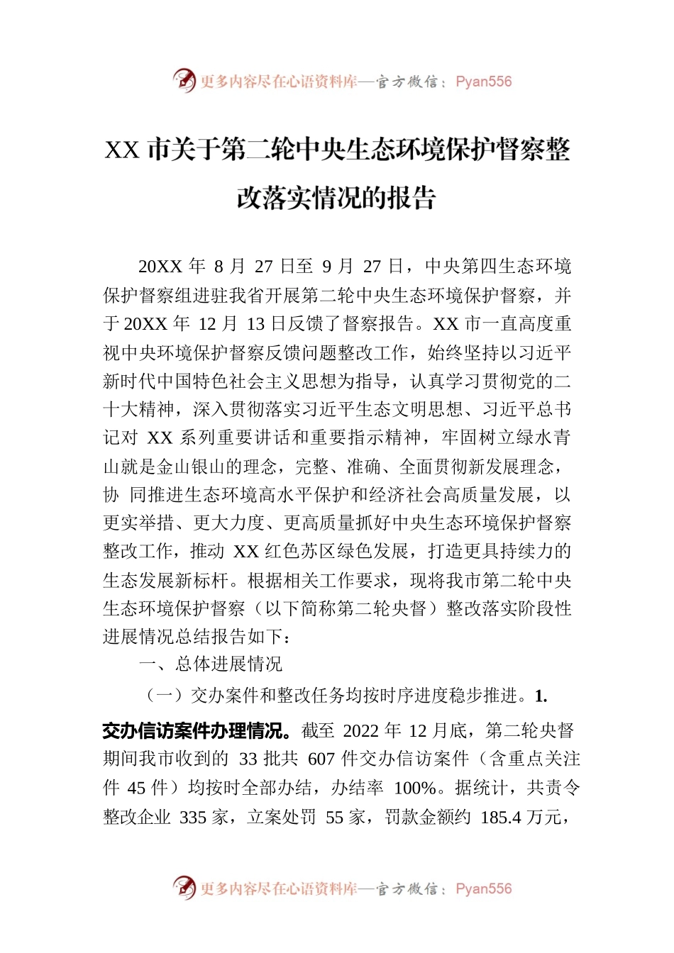 XX市关于第二轮中央生态环境保护督察整改落实情况的报告（20230801）.docx_第1页