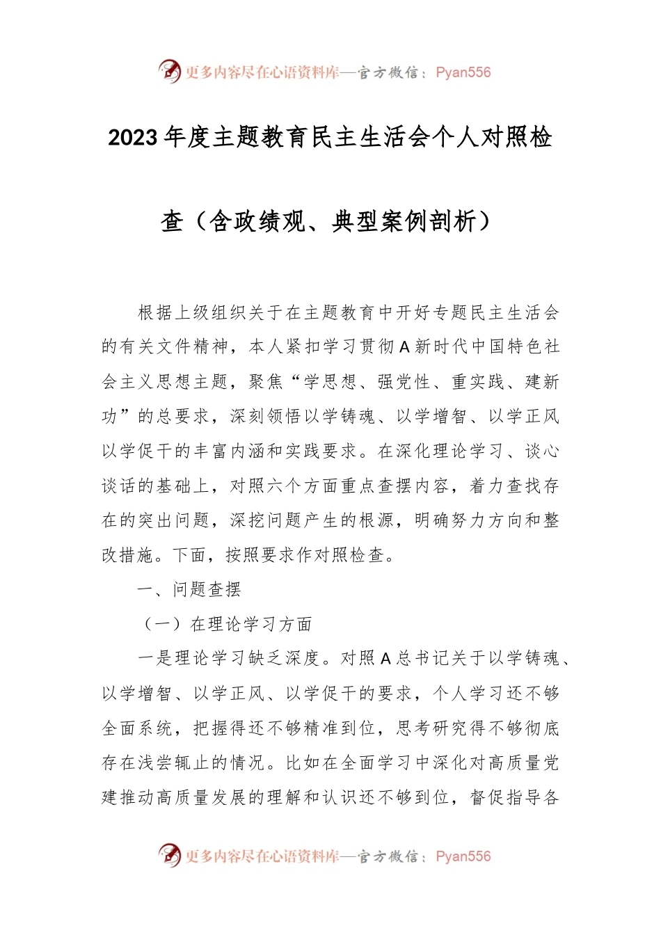 2023年度主题教育民主生活会个人对照检查（含政绩观、典型案例剖析）.docx_第1页