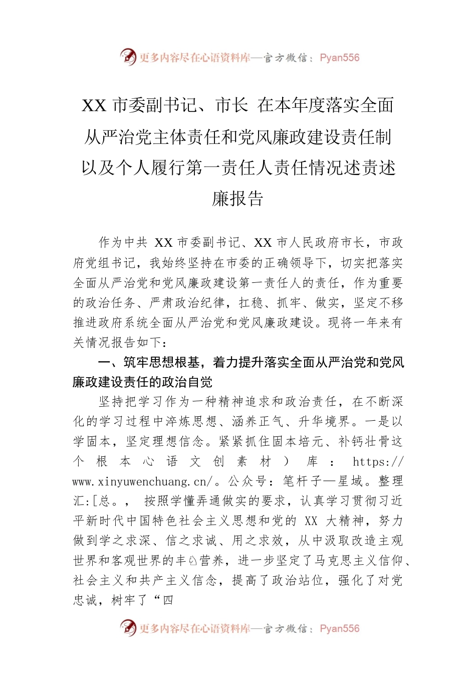 XX市委副书记、市长 在本年度落实全面从严治党主体责任和党风廉政建设责任制以及个人履行第一责任人责任情况述责述廉报告.docx_第1页