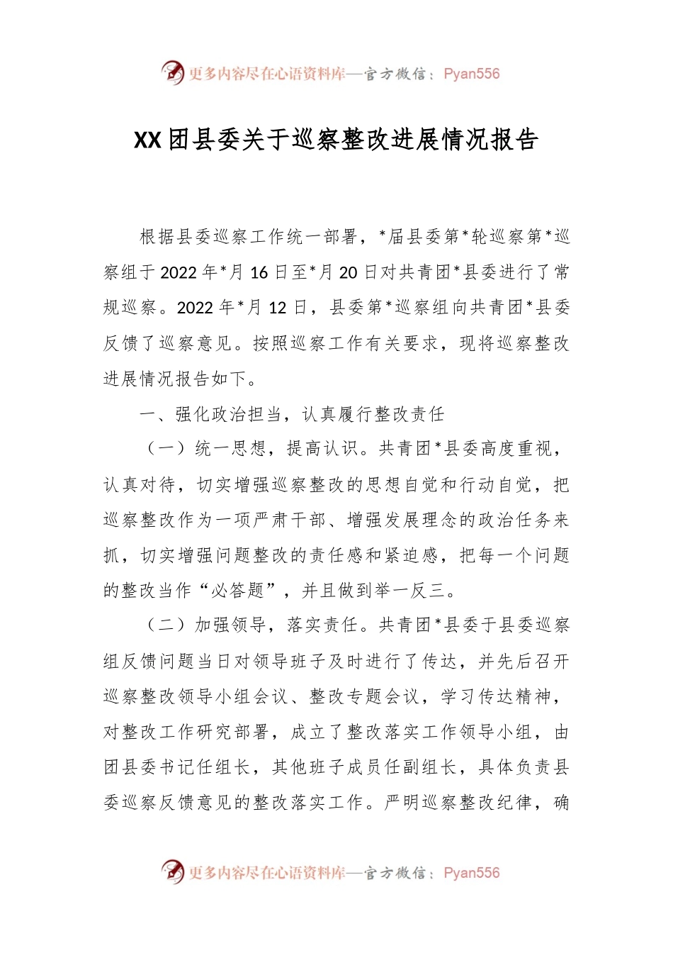 XX团县委关于巡察整改进展情况报告.docx_第1页