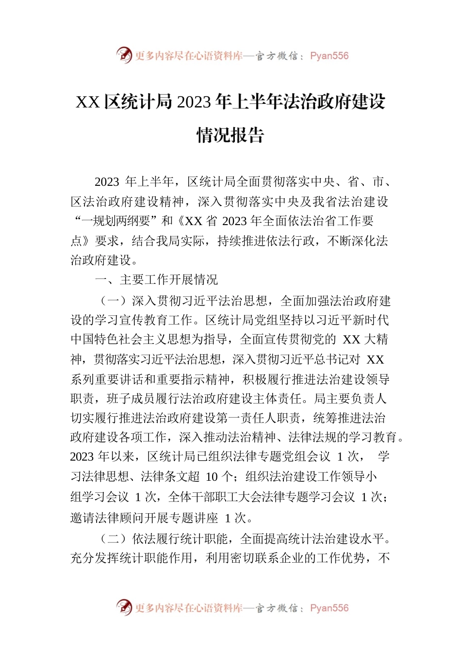 XX区统计局2023年上半年法治政府建设情况报告.docx_第1页