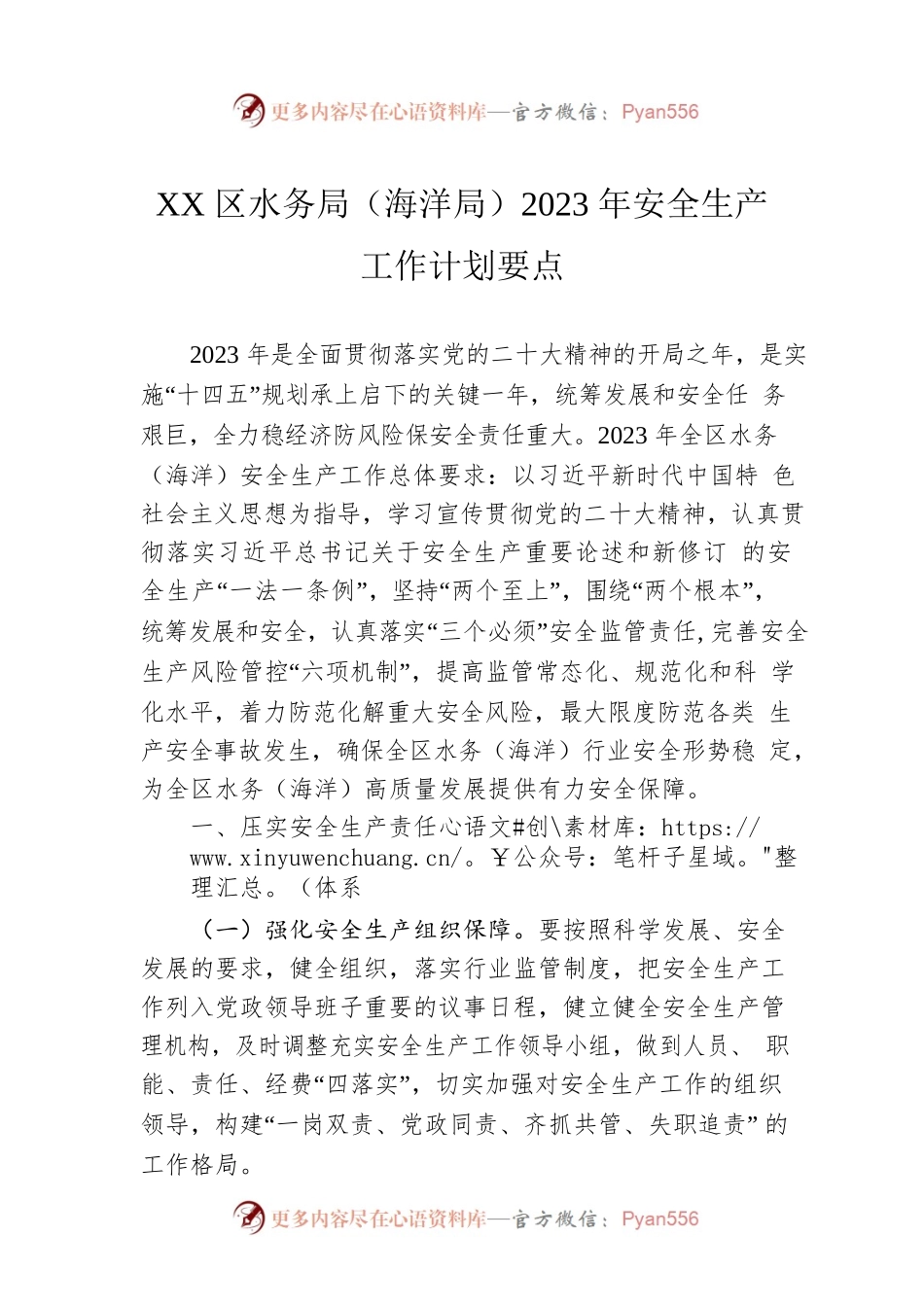 XX区水务局（海洋局）2023年安全生产工作计划要点.docx_第1页