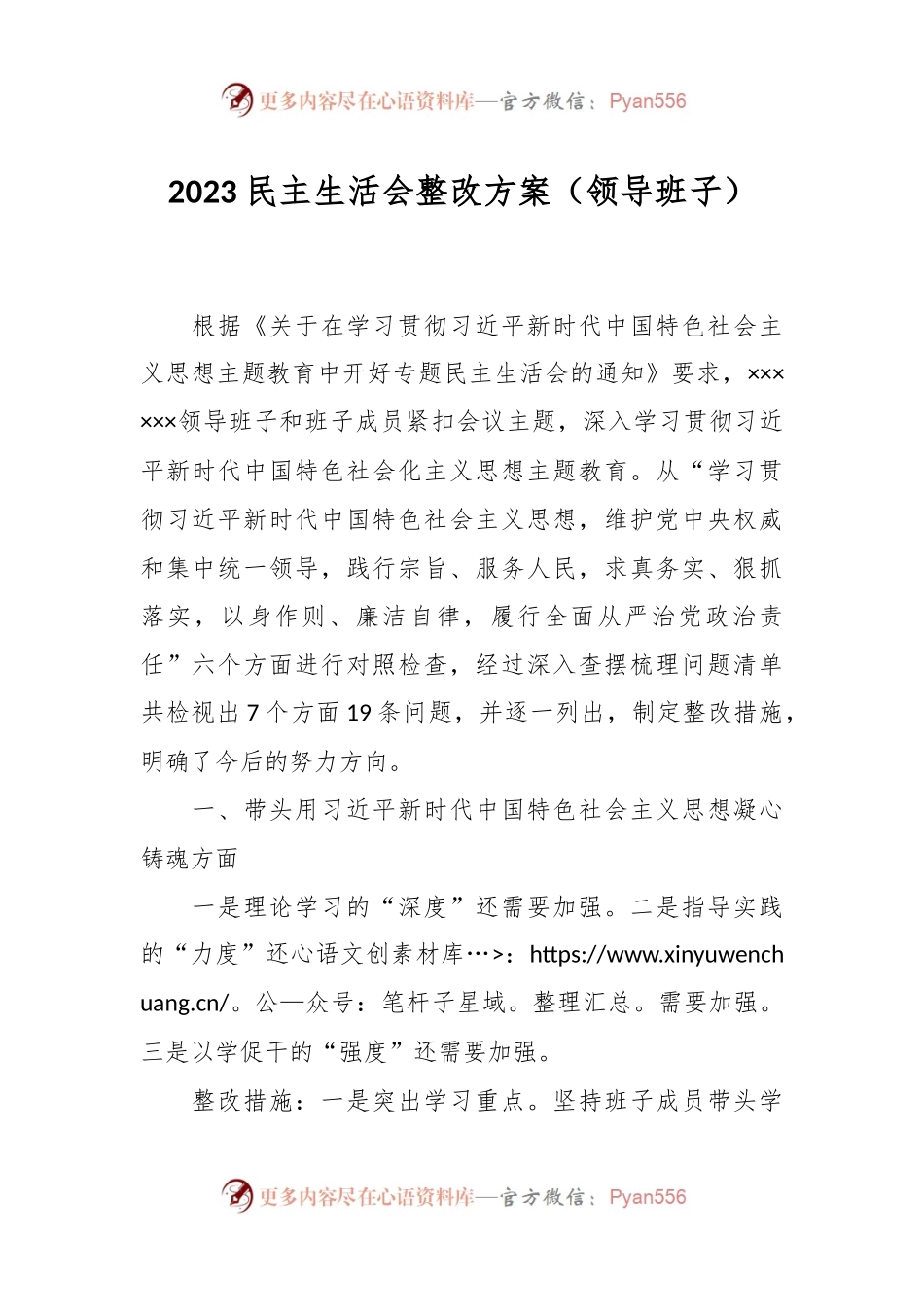 2023民主生活会整改方案（领导班子）.docx_第1页