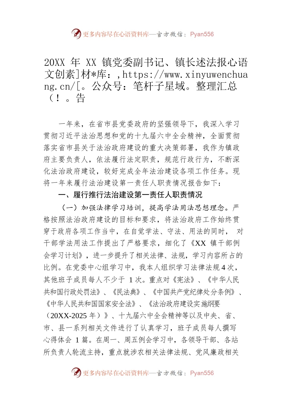 20XX年XX镇党委副书记、镇长述法报告（20220112）.docx_第1页