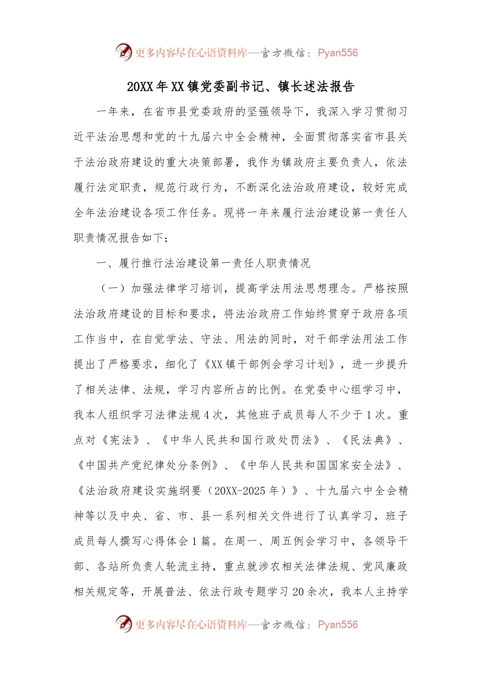 20XX年XX镇党委副书记、镇长述法报告.docx_第1页