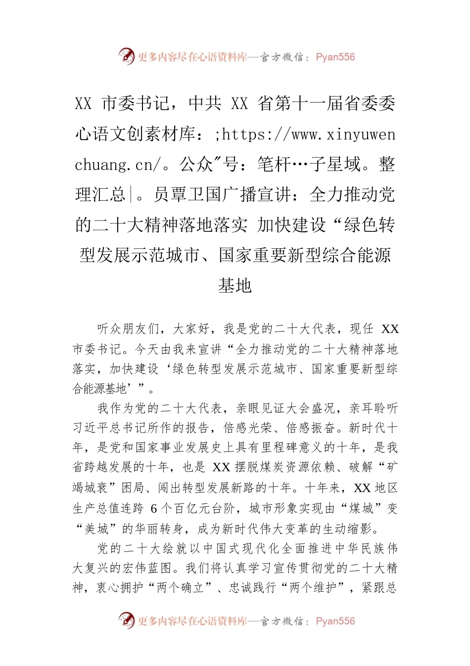 XX市委书记宣讲：全力推动党的二十大精神落地落实 加快建设“绿色转型发展示范城市、国家重要新型综合能源基地（20221106）.docx_第1页