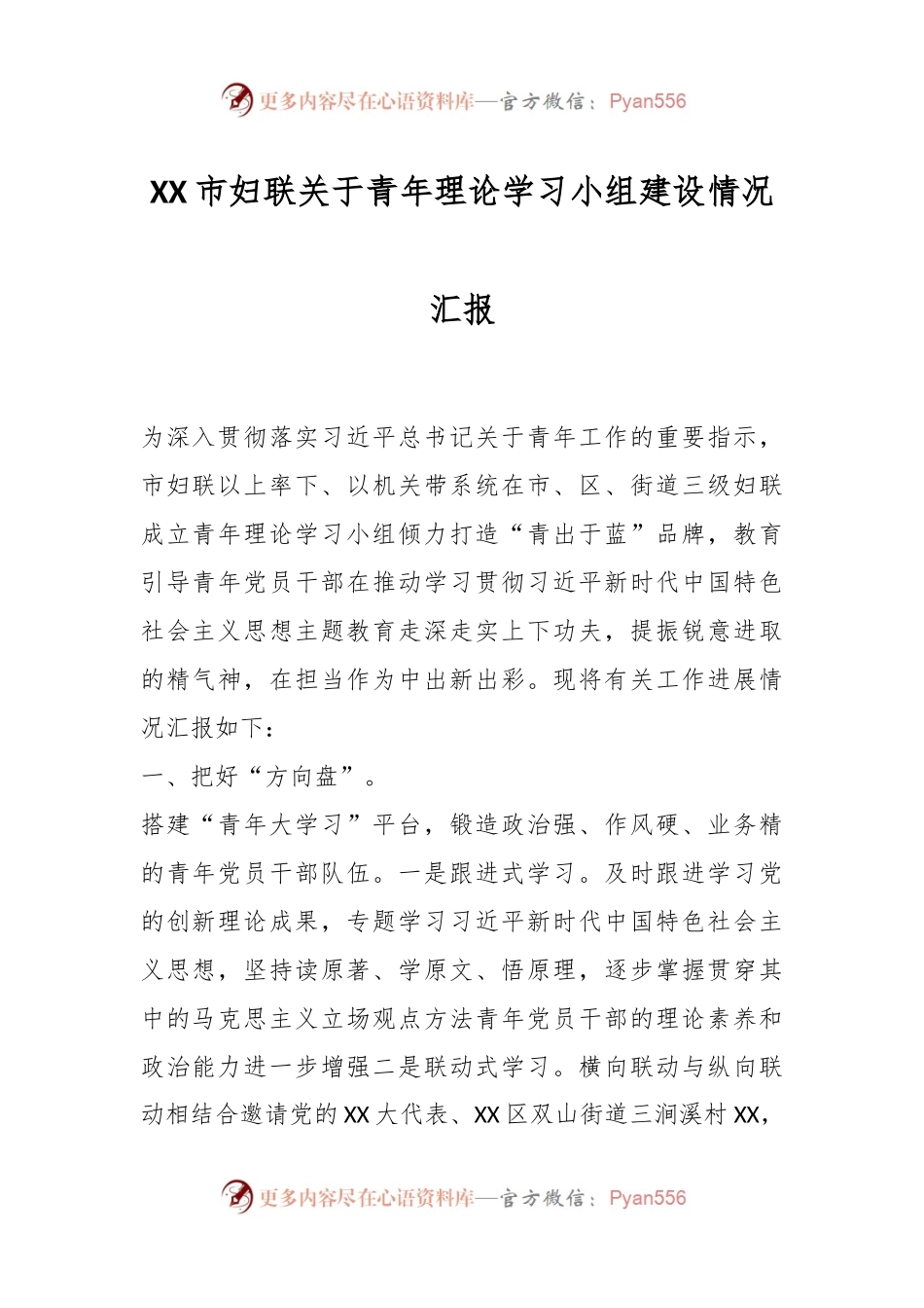 XX市妇联关于青年理论学习小组建设情况汇报.docx_第1页