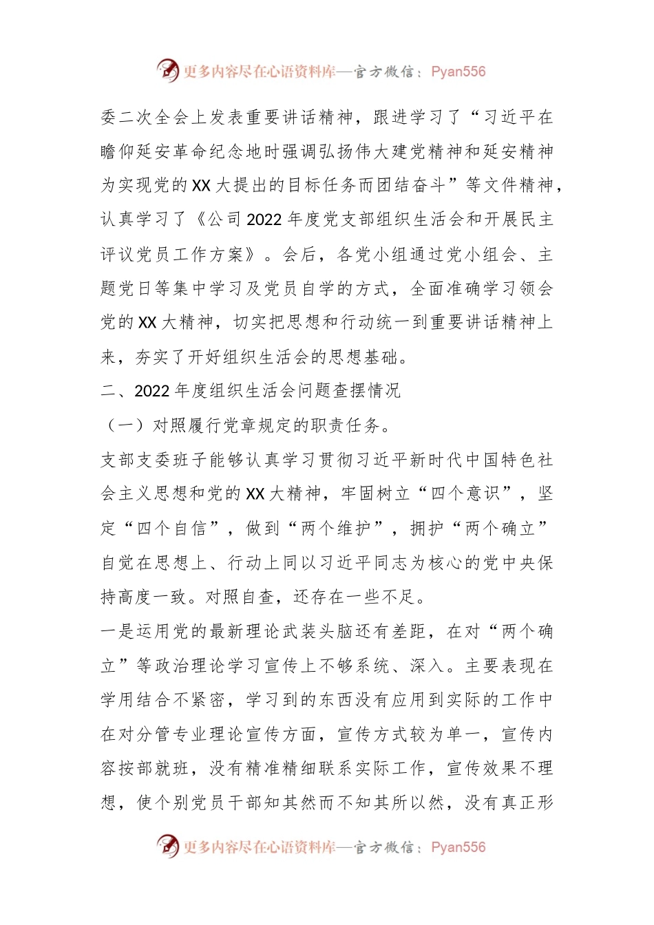 XX公司党支部组织生活会支部班子对照检查材料.docx_第2页