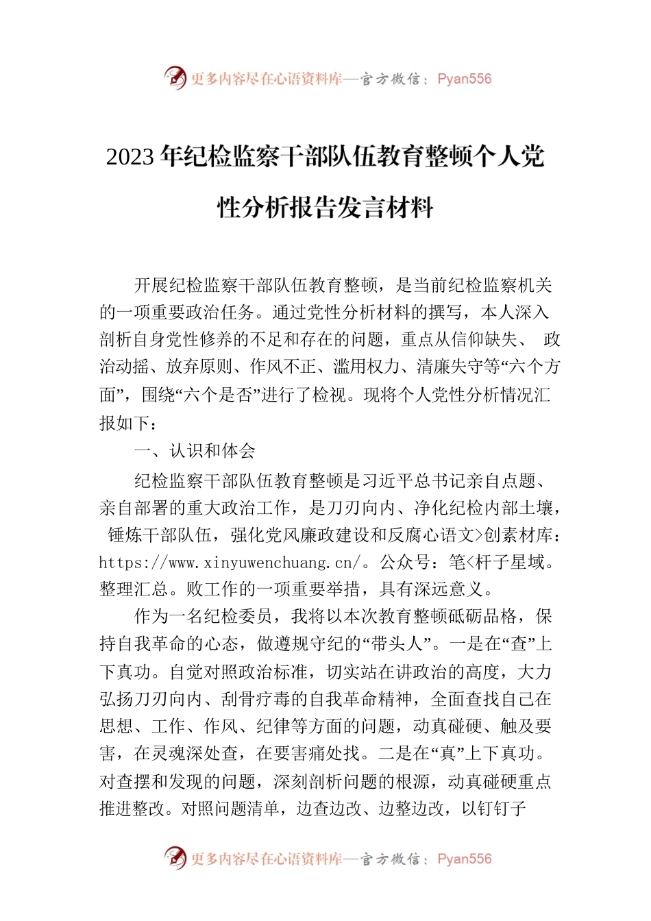 2023年纪检监察干部队伍教育整顿个人党性分析报告发言材料.docx_第1页