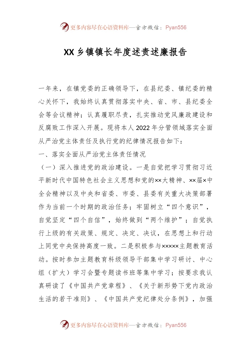 XX乡镇镇长年度述责述廉报告.docx_第1页