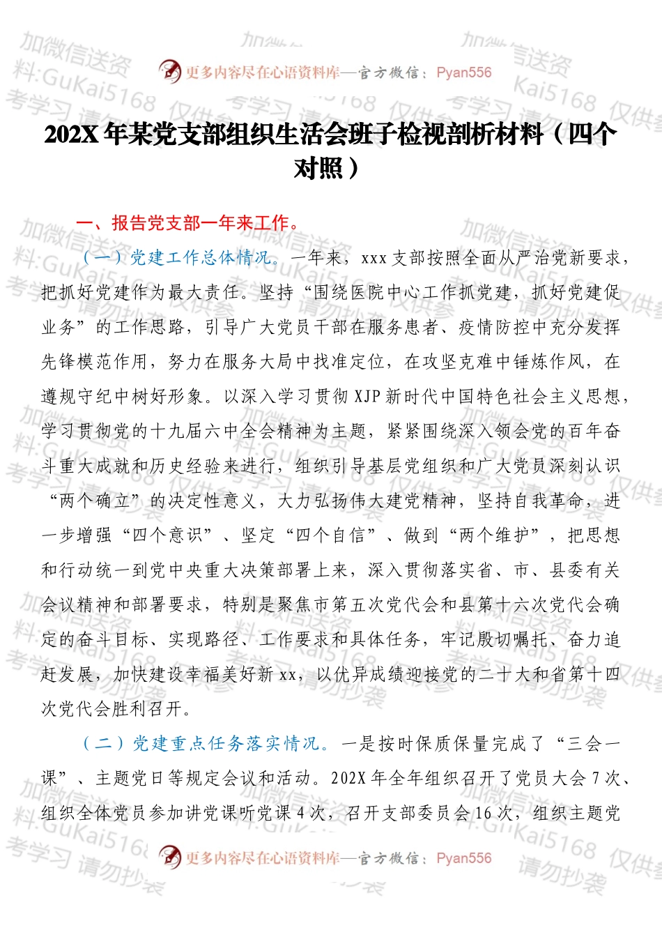 20XX年某党支部组织生活会班子检视剖析材料（四个对照）.docx_第1页