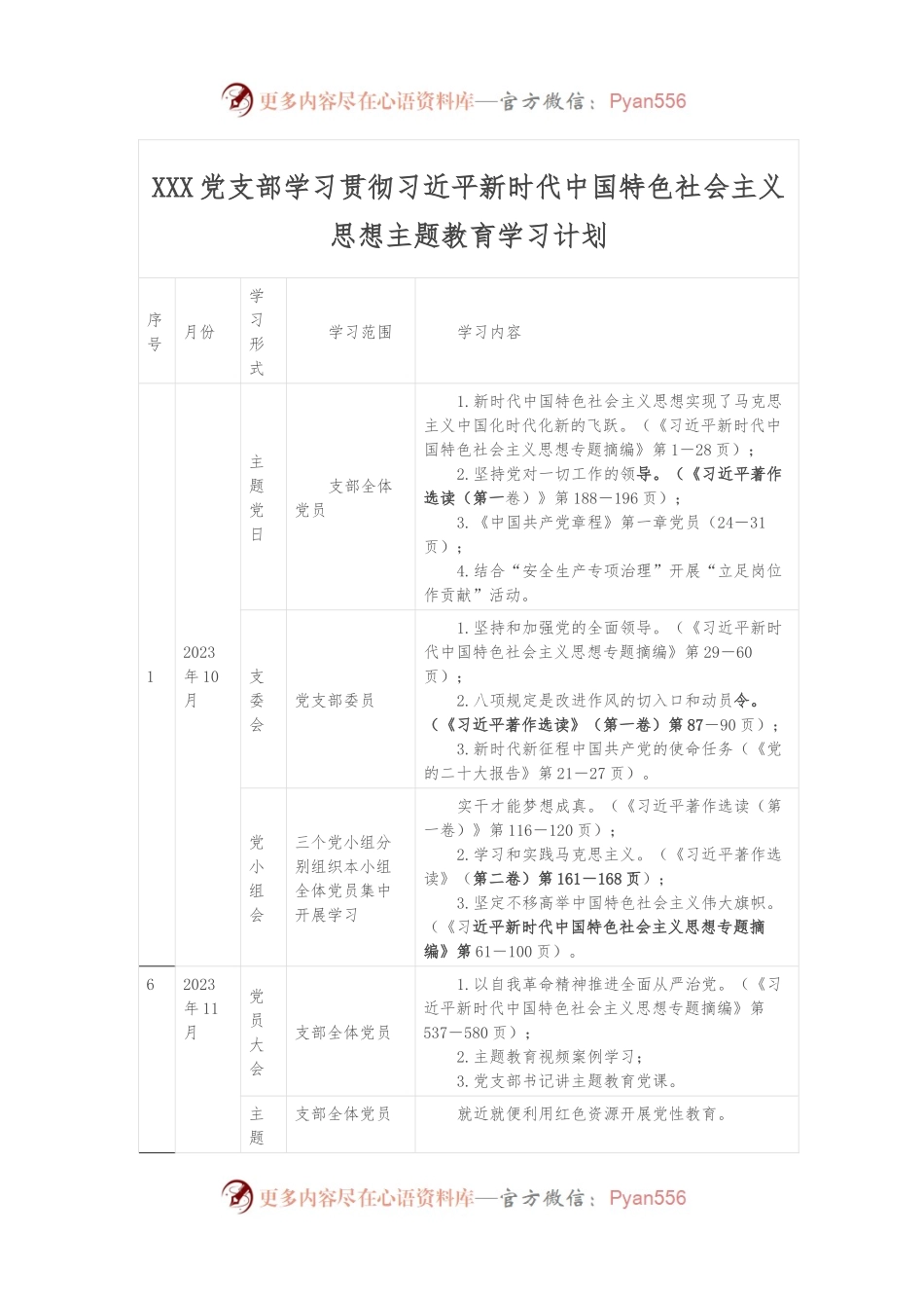 XXX党支部学习贯彻习近平新时代中国特色社会主义思想主题教育学习计划.docx_第1页