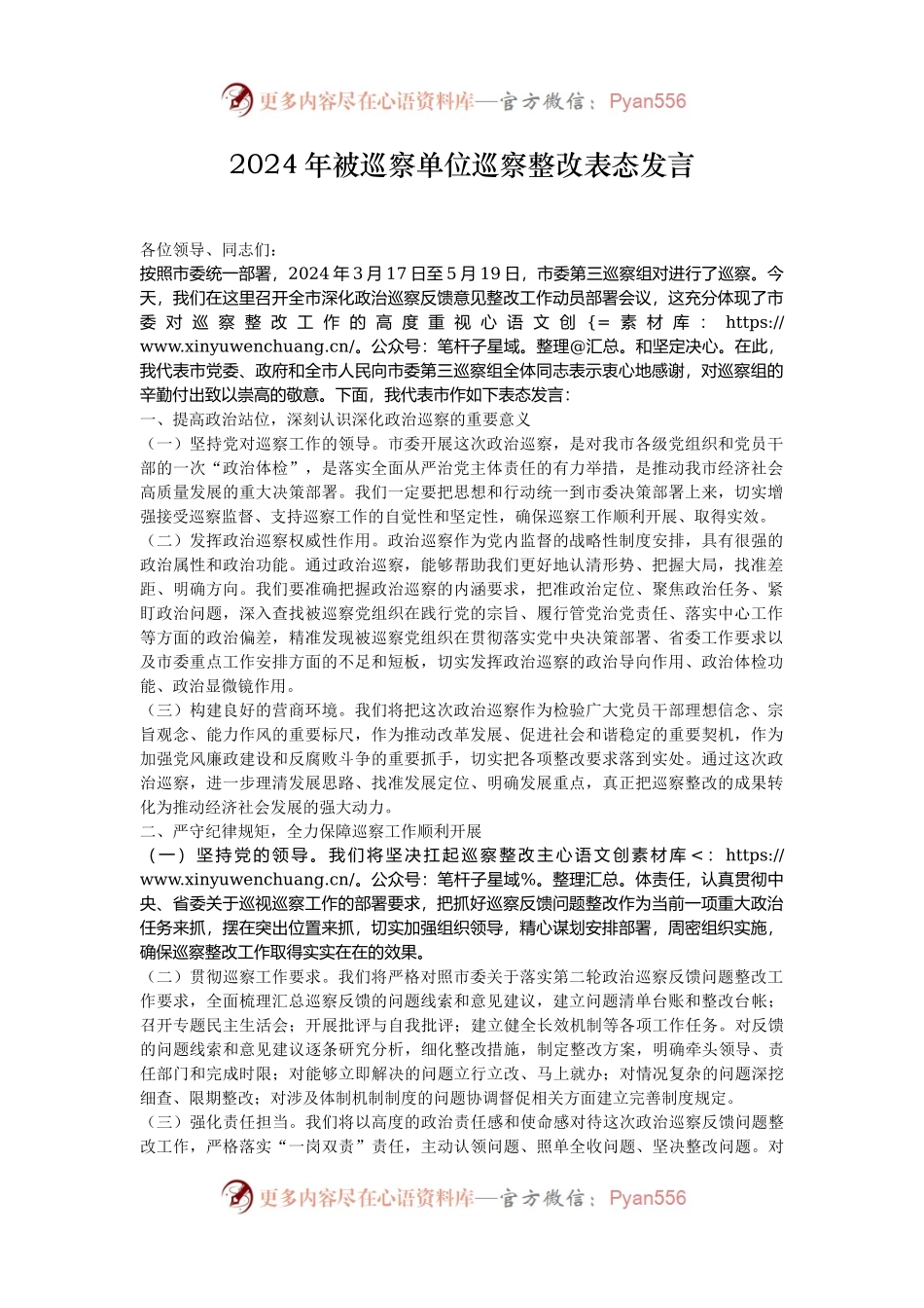 2024年被巡察单位巡察整改表态发言.docx_第1页