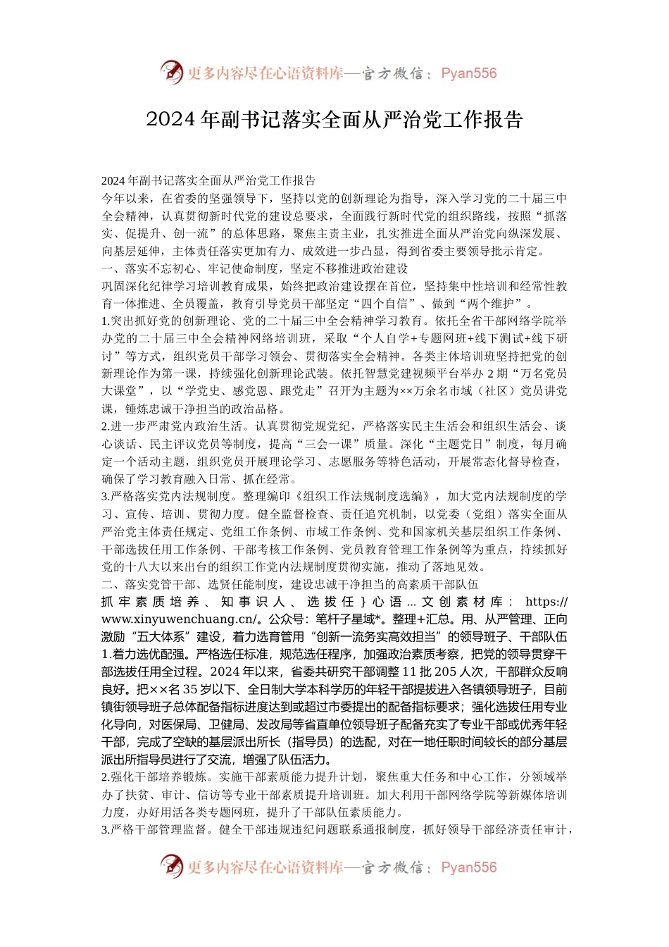 2024年副书记落实全面从严治党工作报告.docx_第1页
