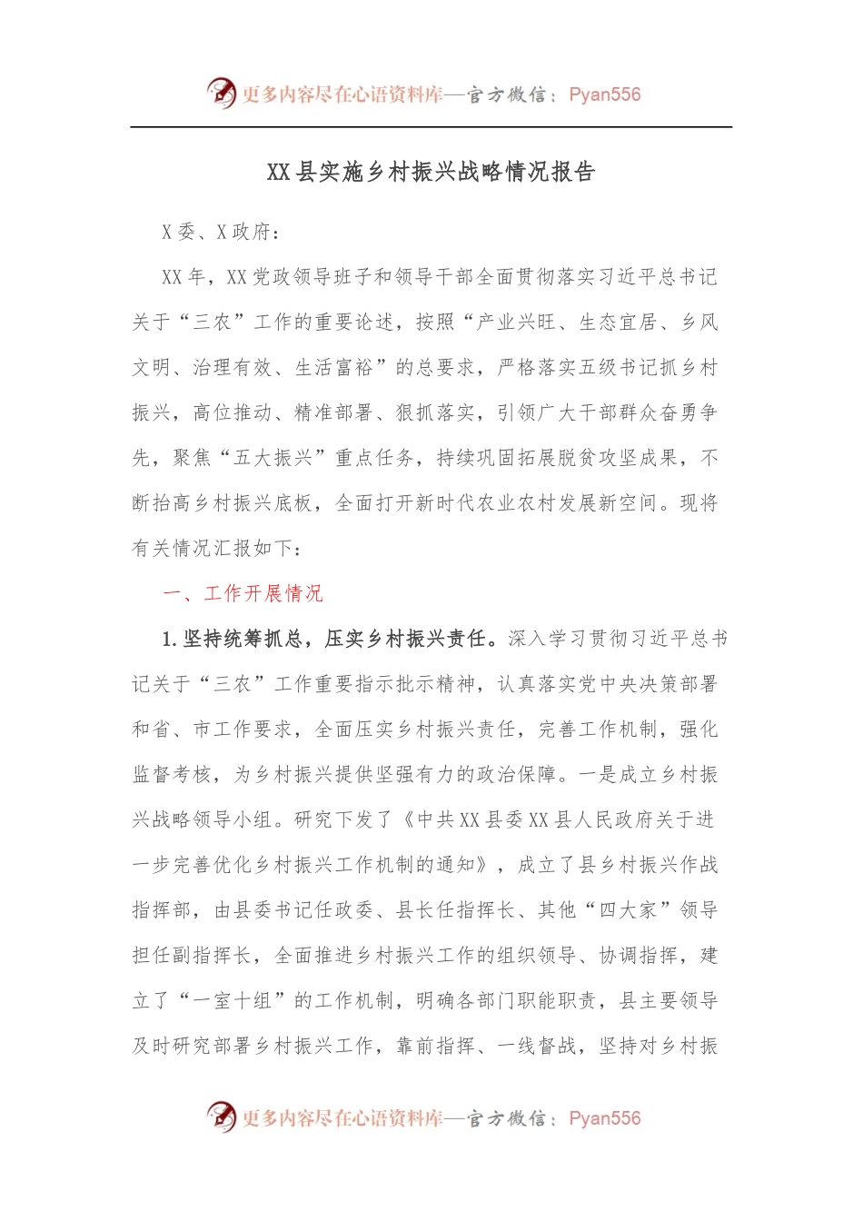 XX县实施乡村振兴战略情况报告.docx_第1页