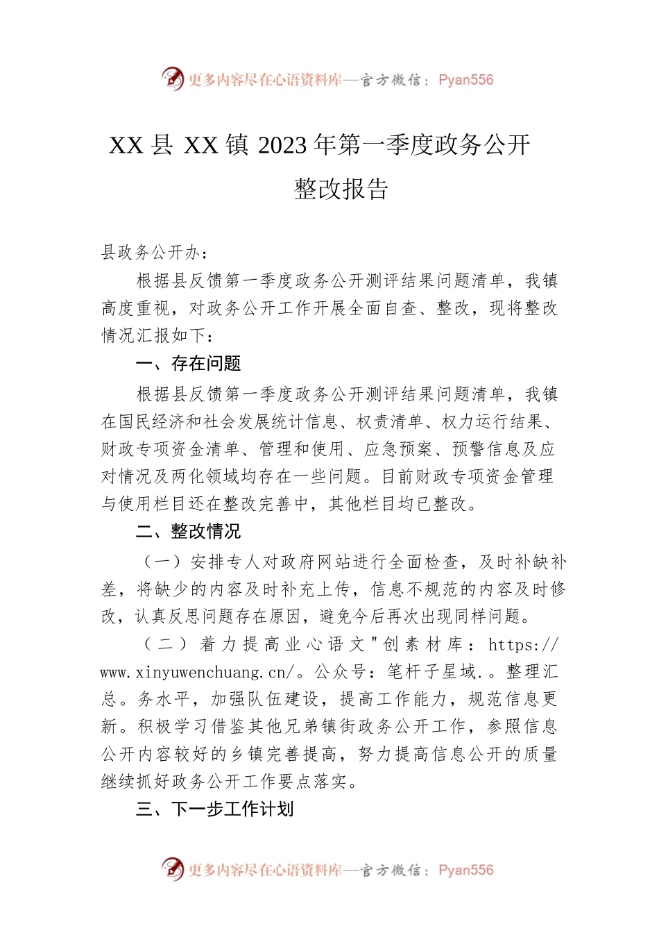 XX县XX镇2023年第一季度政务公开整改报告（20230401）.docx_第1页