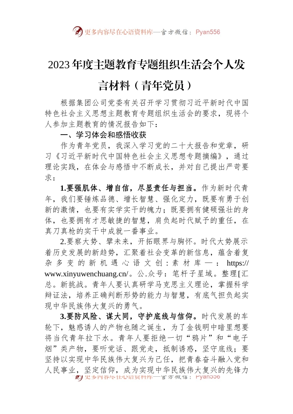 2023年度主题教育专题组织生活会个人发言材料（青年党员）.docx_第1页
