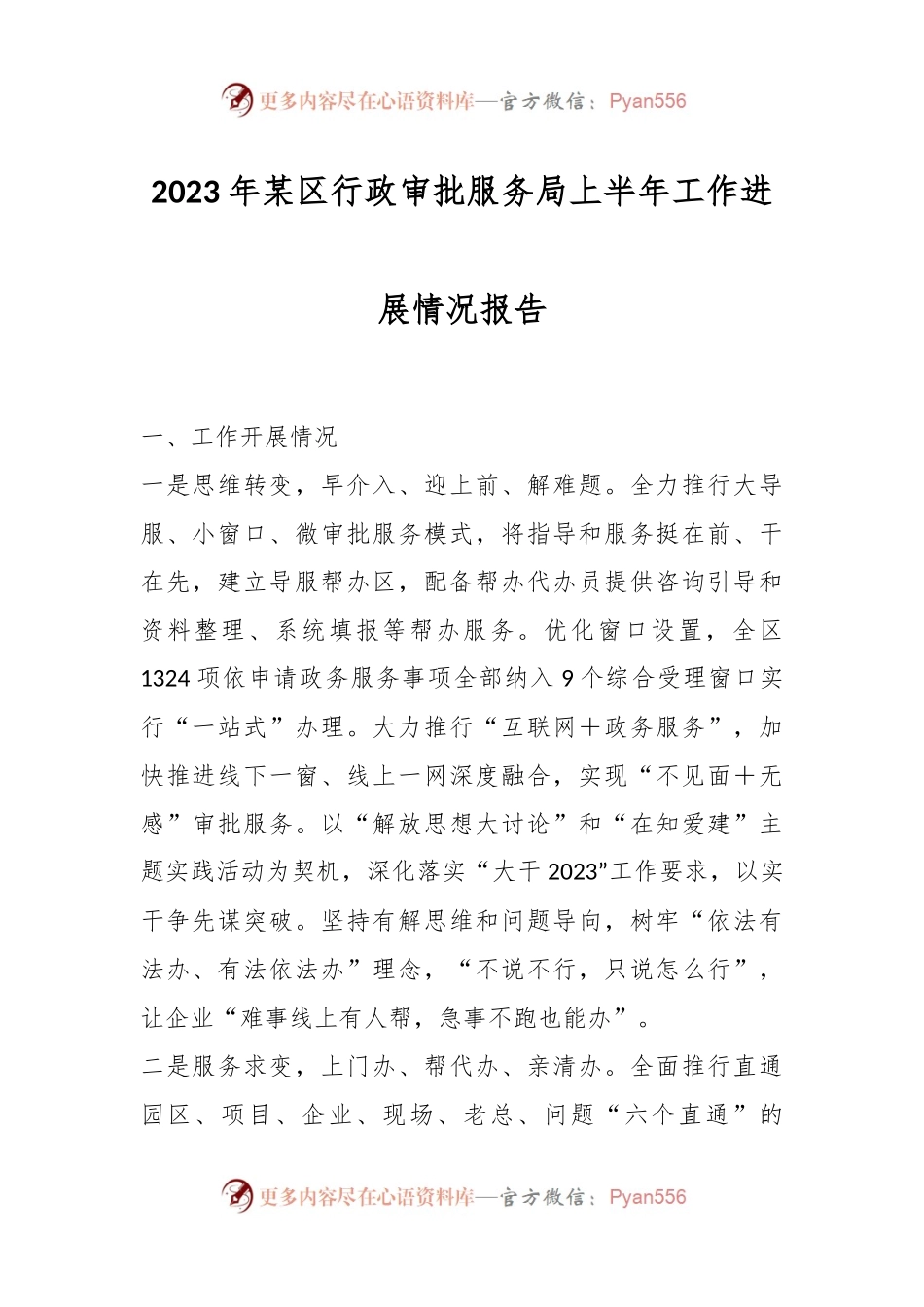 2023年某区行政审批服务局上半年工作进展情况报告.docx_第1页