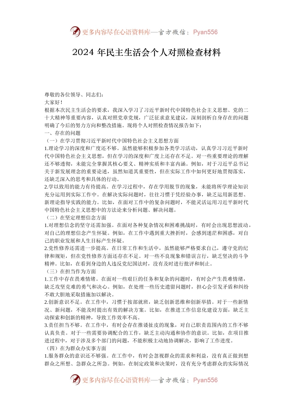 2024 年民主生活会个人对照检查材料.docx_第1页