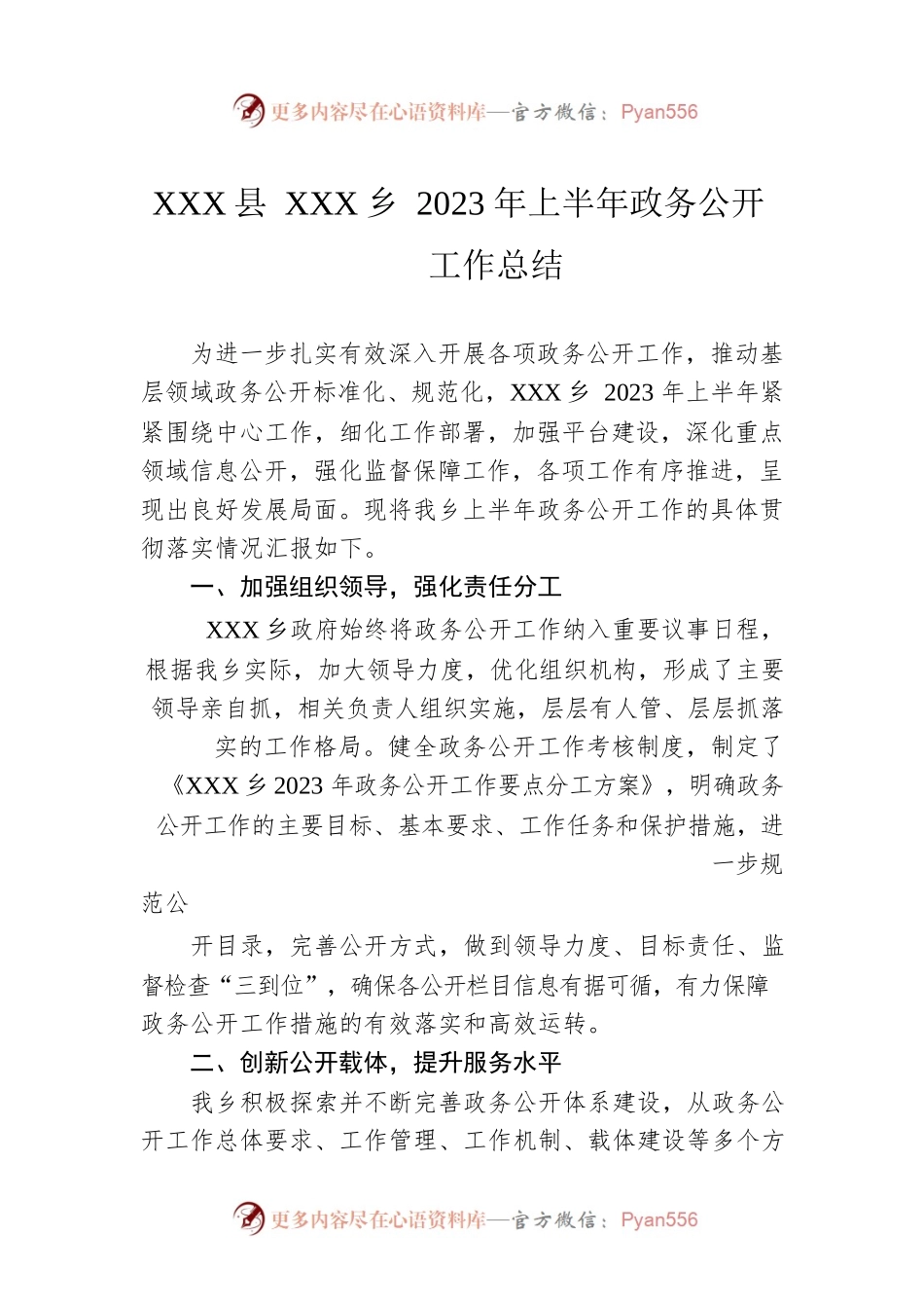 XX县XX乡2023年上半年政务公开工作总结（20230628）.docx_第1页