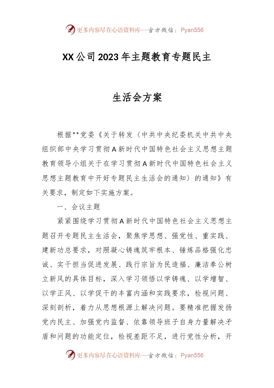 XX公司2023年主题教育专题民主生活会方案.docx_第1页
