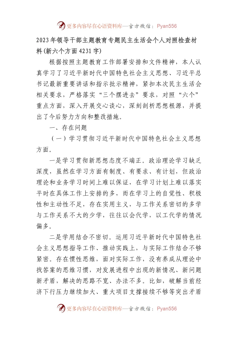 2023年领导干部主题教育专题民主生活会个人对照检查材料（践行宗旨等6个方面）.docx_第1页