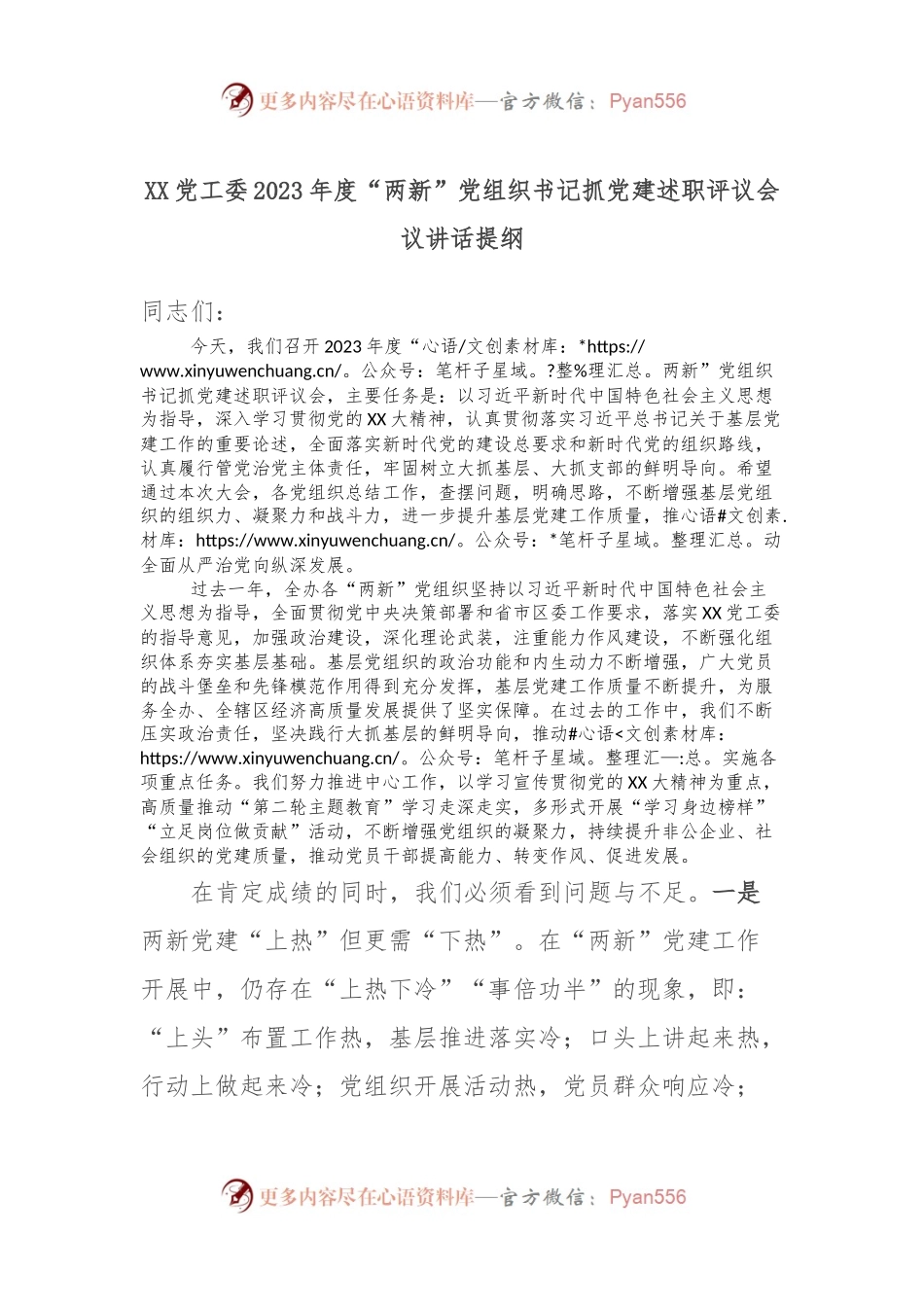 XX党工委2023年度“两新”党组织书记抓党建述职评议会议讲话提纲.docx_第1页