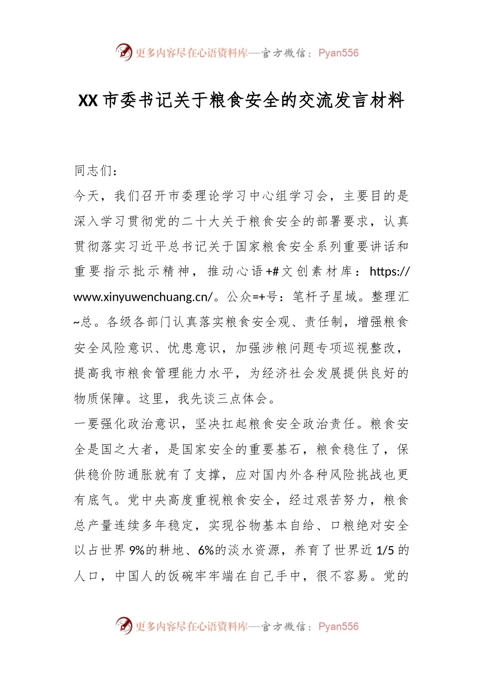 XX市委书记关于粮食安全的交流发言材料.docx_第1页