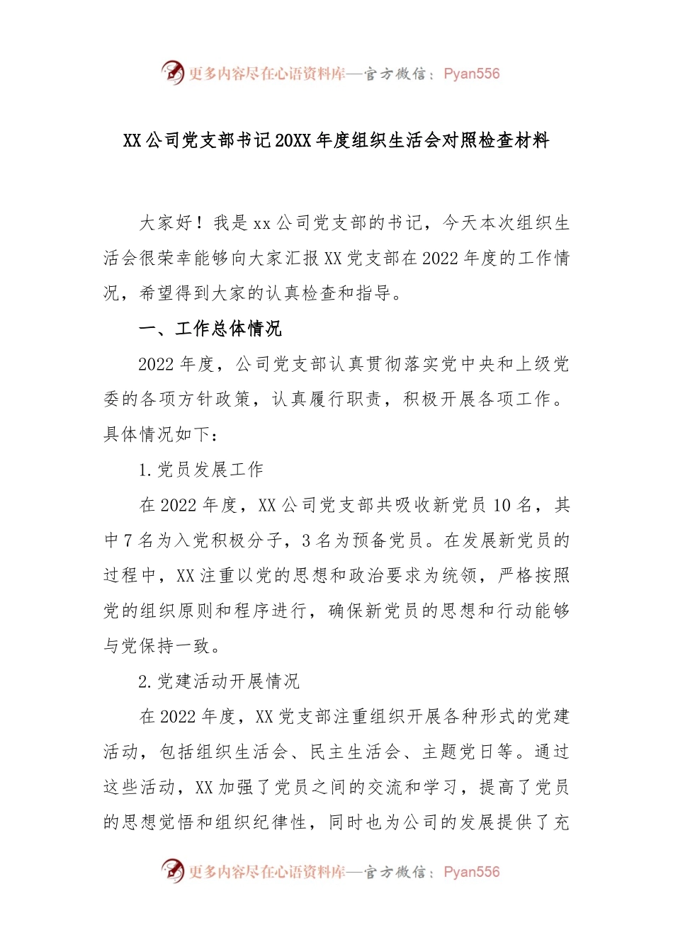 XX公司党支部书记2022年度组织生活会对照检查材料.docx_第1页