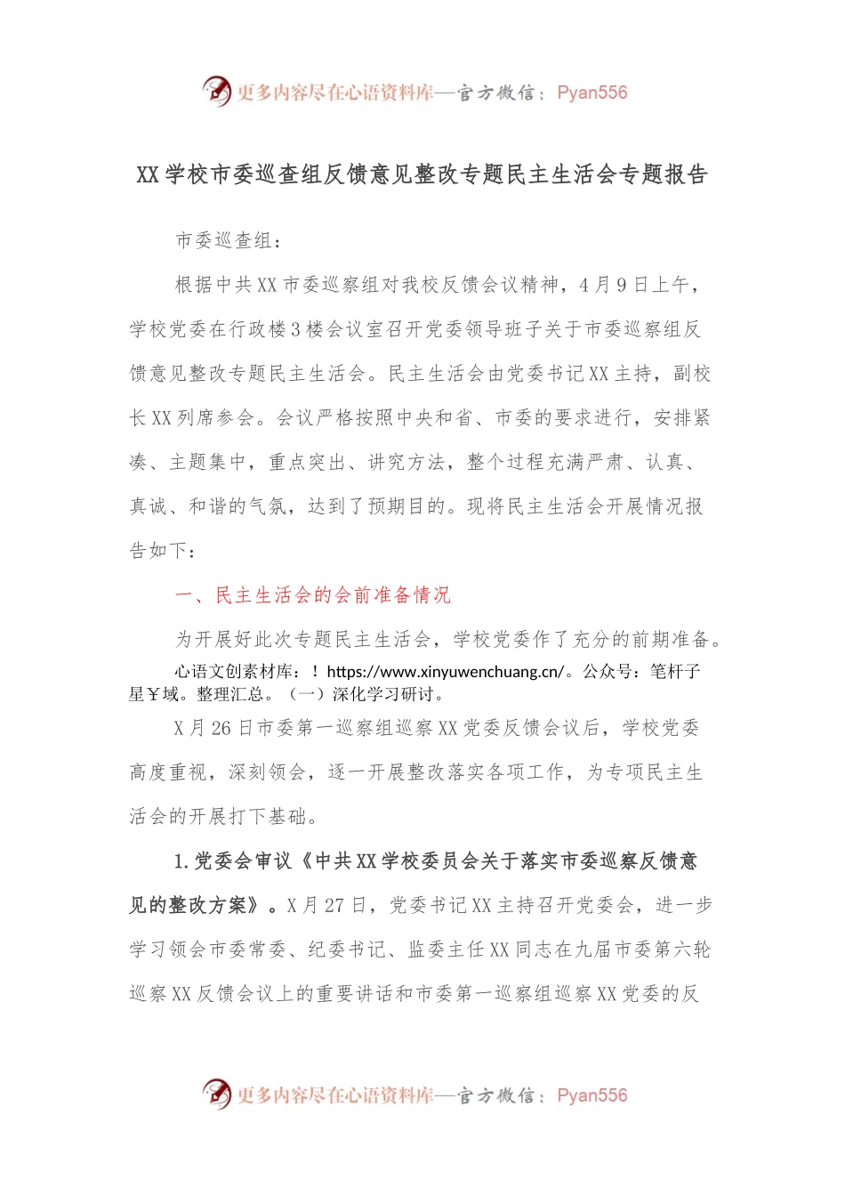 XX学校市委巡查组反馈意见整改专题民主生活会专题报告.docx_第1页
