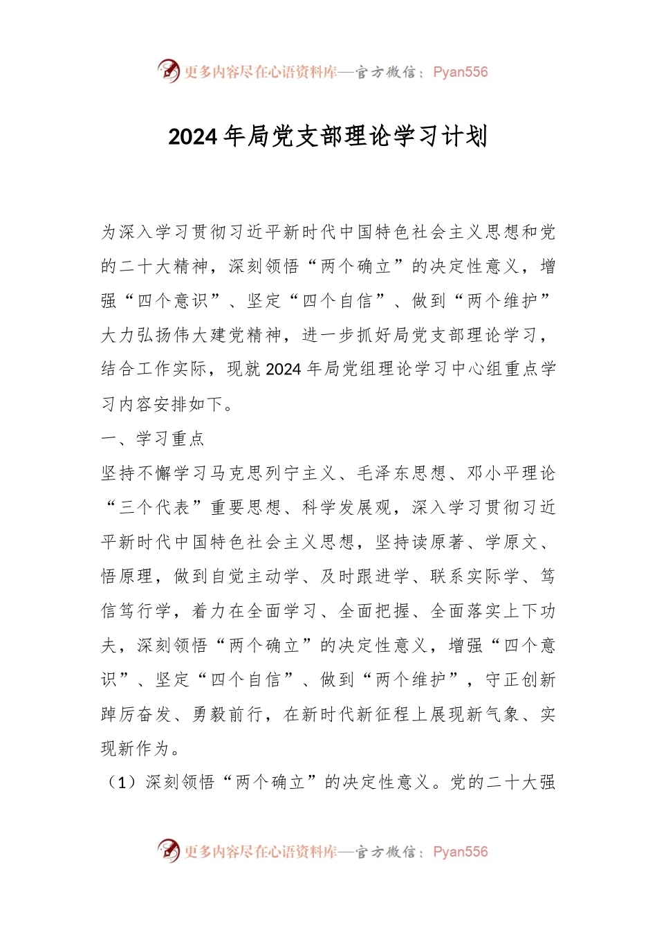 2024年局党支部理论学习计划.docx_第1页