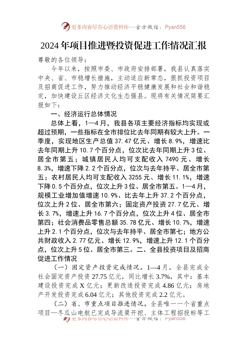 2024年项目推进暨投资促进工作情况汇报.docx_第1页