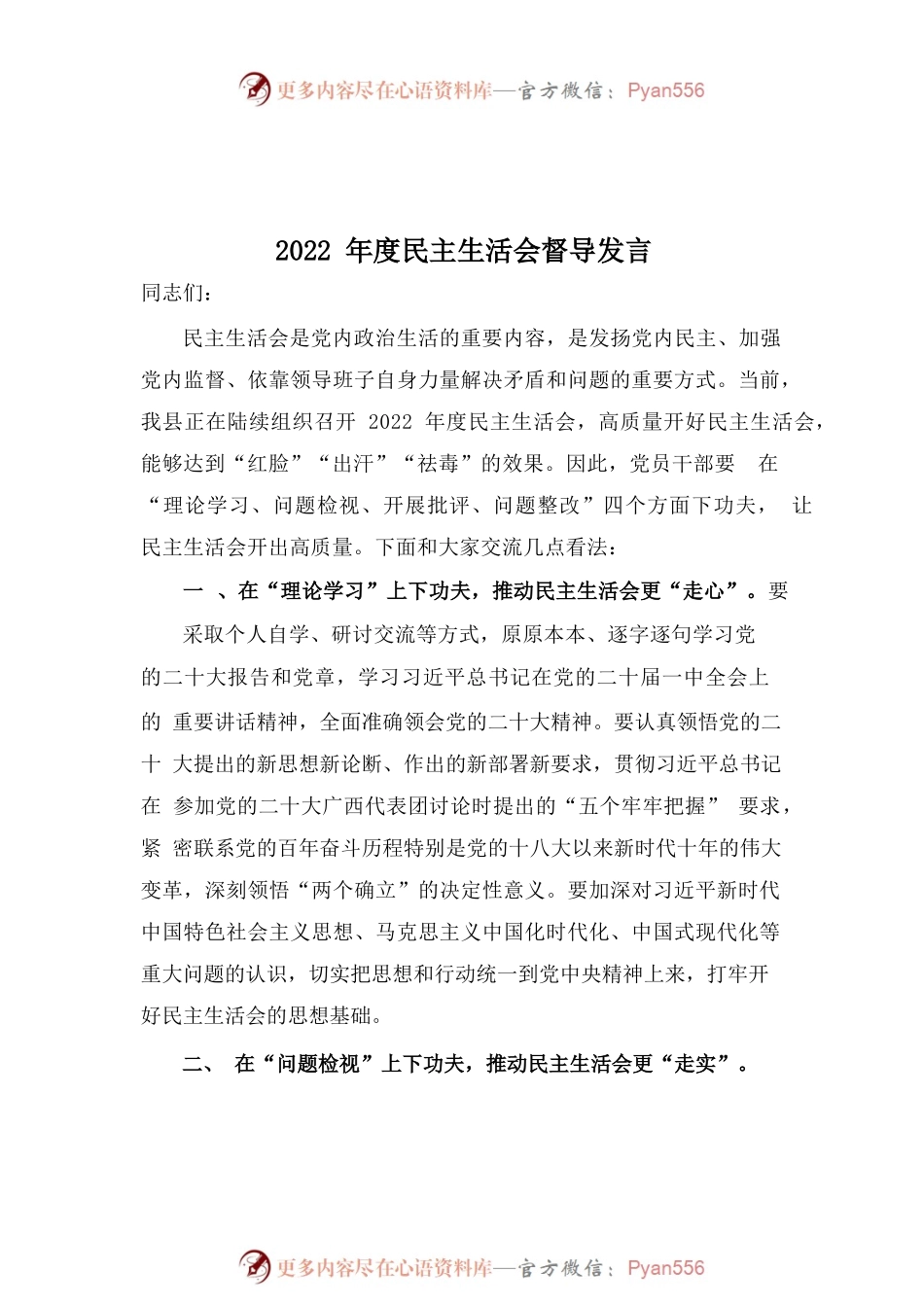2023年民主生活会督导发言.docx_第1页