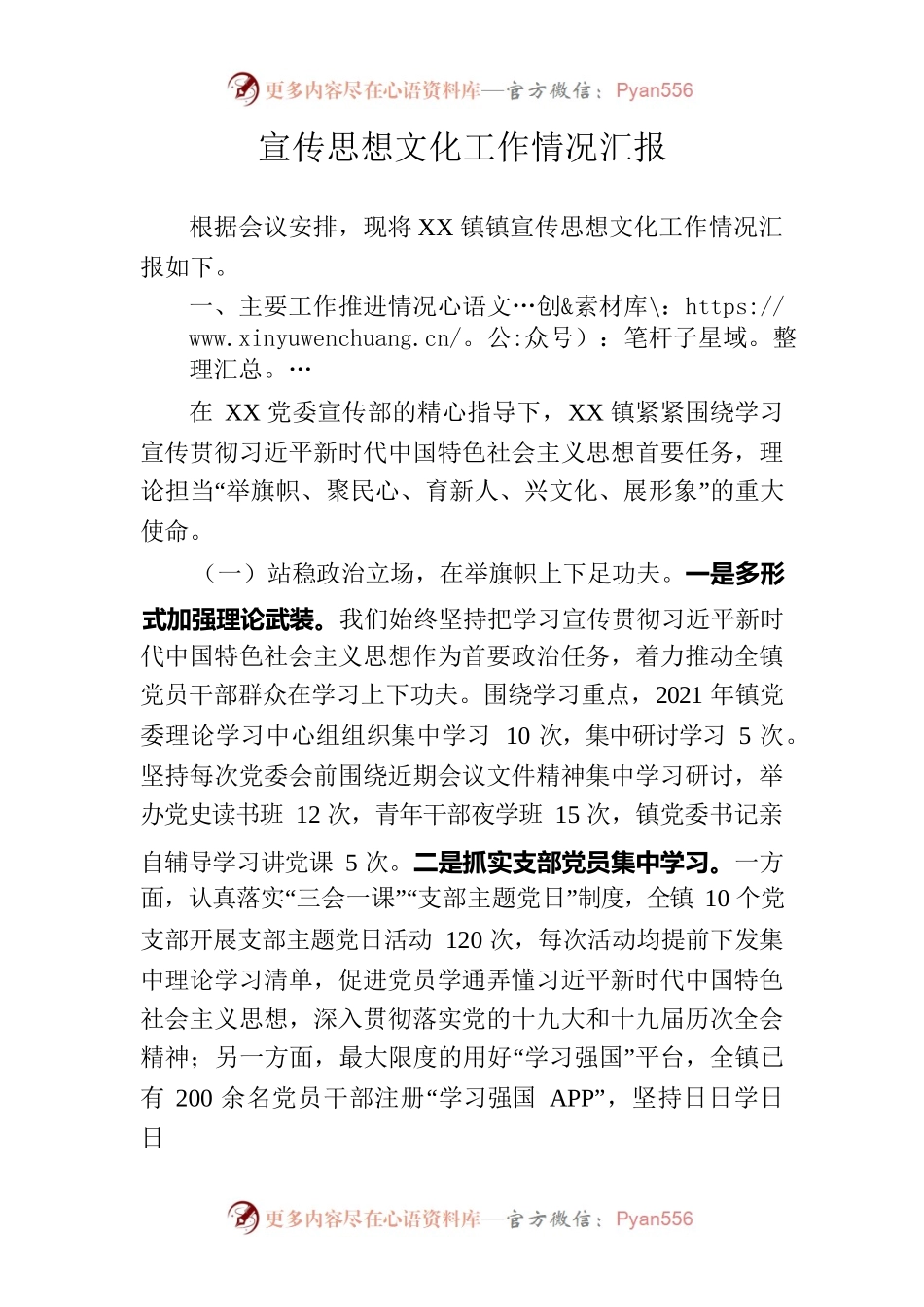XXX宣传思想文化工作情况汇报.docx_第1页